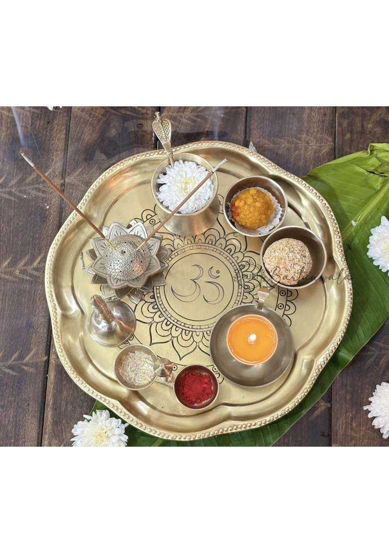 PURI Bartanwala Gold Om Sanatan Brass Pital Pooja Thali Pcs Set of 9 - Indya