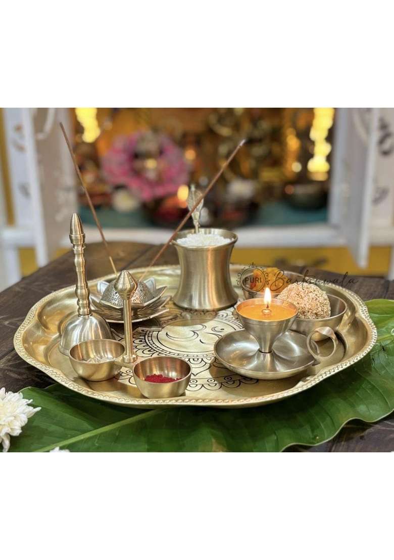 PURI Bartanwala Gold Om Sanatan Brass Pital Pooja Thali Pcs Set of 9 - Indya