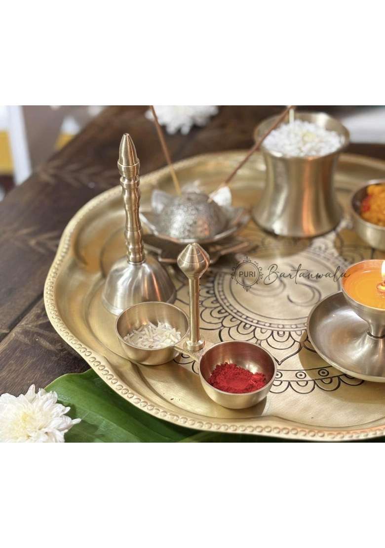 PURI Bartanwala Gold Om Sanatan Brass Pital Pooja Thali Pcs Set of 9 - Indya