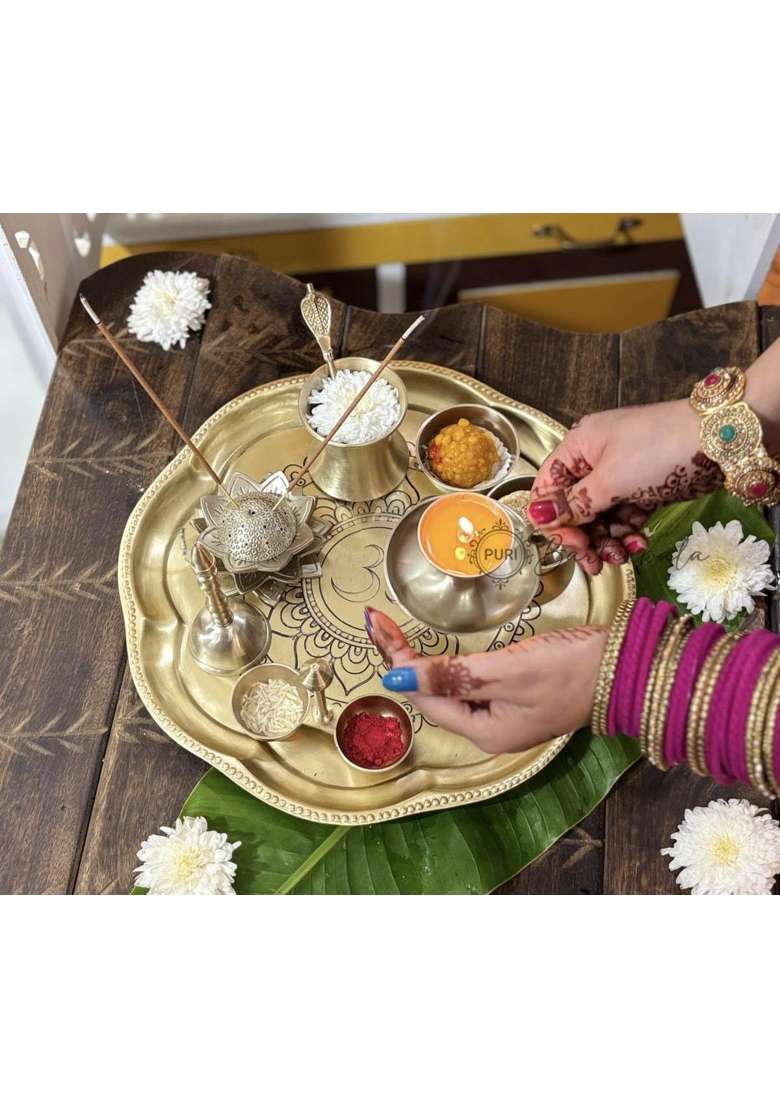 PURI Bartanwala Gold Om Sanatan Brass Pital Pooja Thali Pcs Set of 9 - Indya