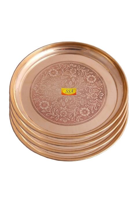 Shiv Shakti Arts Yellow Pure Brass Dinner Plate Thali Set for Pooja and Serving Purpose Engraved Flower Design