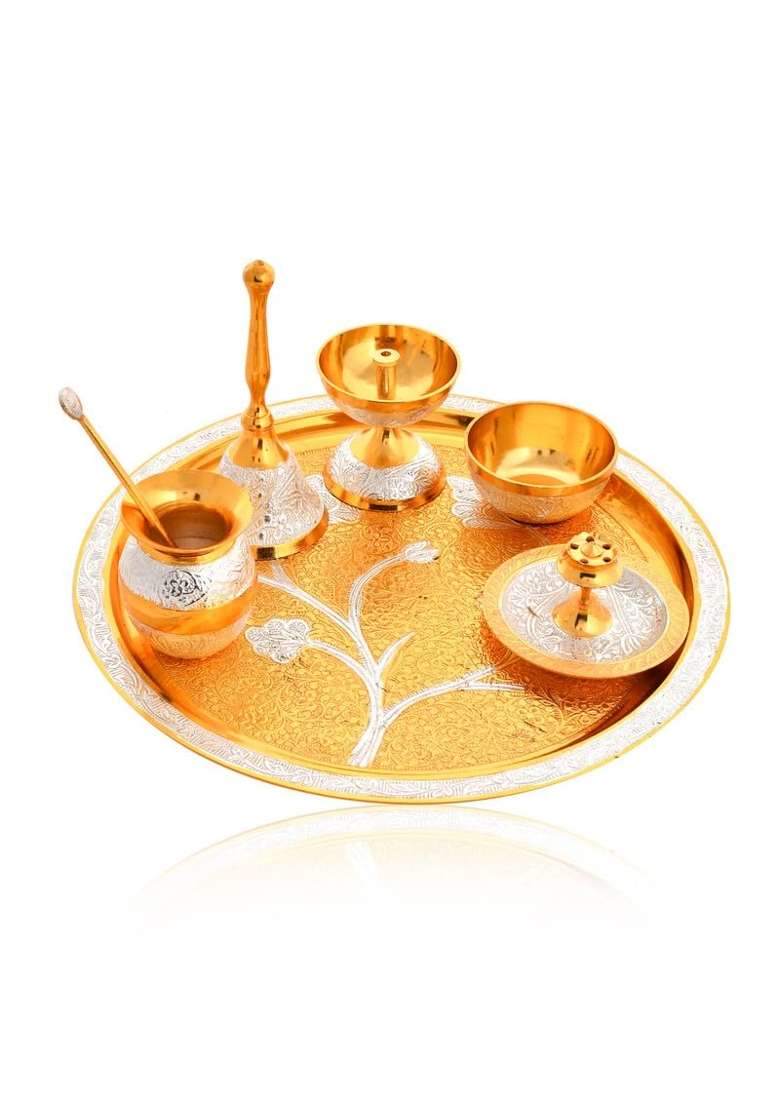 Artrust Pure Brass Heavy Pooja Thali Set L Home Decore Arti Thali Set L Silver Gold Plated L 10 Set of 7 - Indya