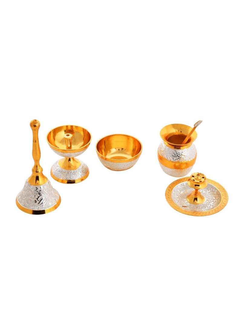 Artrust Pure Brass Heavy Pooja Thali Set L Home Decore Arti Thali Set L Silver Gold Plated L 10 Set of 7 - Indya