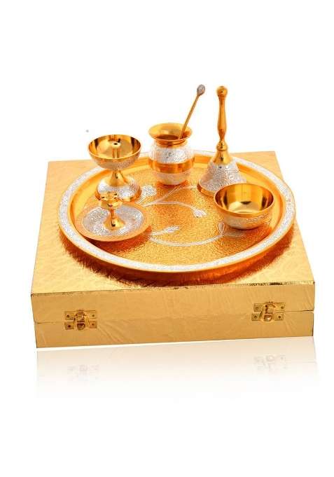 Artrust Pure Brass Heavy Pooja Thali Set L Home Decore Arti Thali Set L Silver Gold Plated L 10 Set of 7