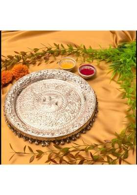 German Silver Pooja Aarti Thali Diameter 10 with Full Ghungroo Layer Home Temple Mandir