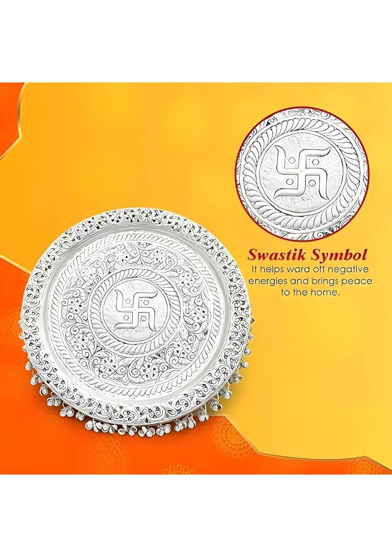 German Silver Pooja Aarti Thali Diameter 10 with Full Ghungroo Layer Home Temple Mandir - Indya