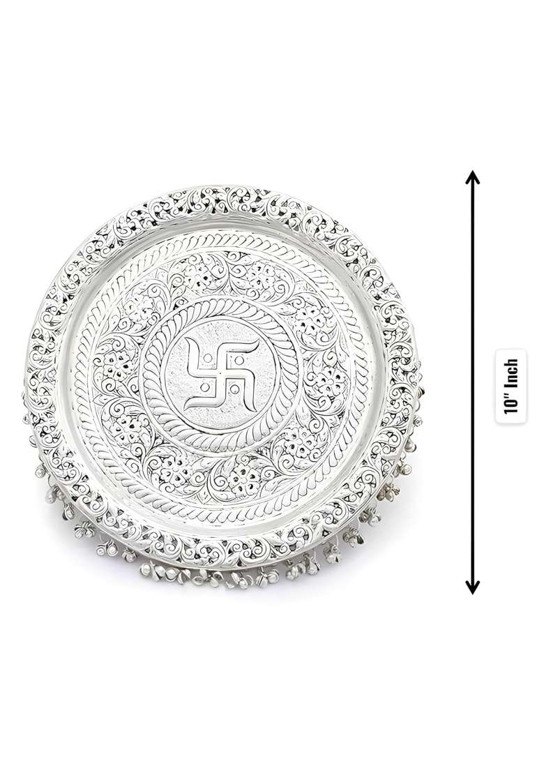 German Silver Pooja Aarti Thali Diameter 10 with Full Ghungroo Layer Home Temple Mandir - Indya