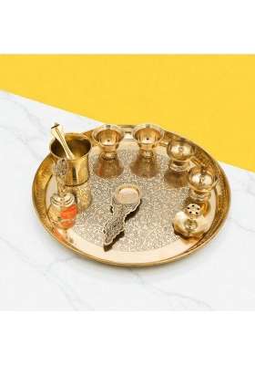 Bhimonee Decor Gold 11 Inch Engraved Brass Puja Thali Set 8 Pcs Designer Pooja Plate with Floral Carvings Diya