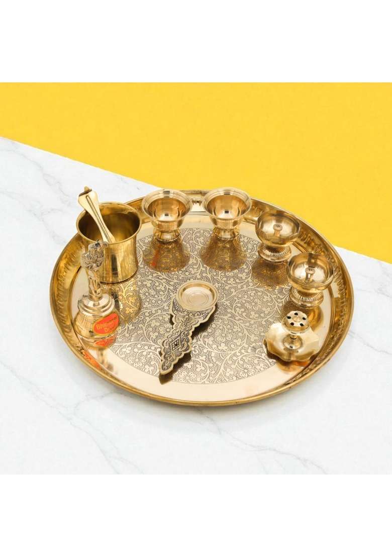 Bhimonee Decor Gold 11 Inch Engraved Brass Puja Thali Set 8 Pcs Designer Pooja Plate with Floral Carvings Diya - Indya