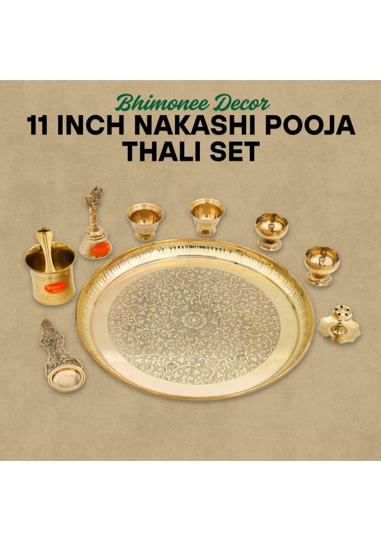 Bhimonee Decor Gold 11 Inch Engraved Brass Puja Thali Set 8 Pcs Designer Pooja Plate with Floral Carvings Diya - Indya