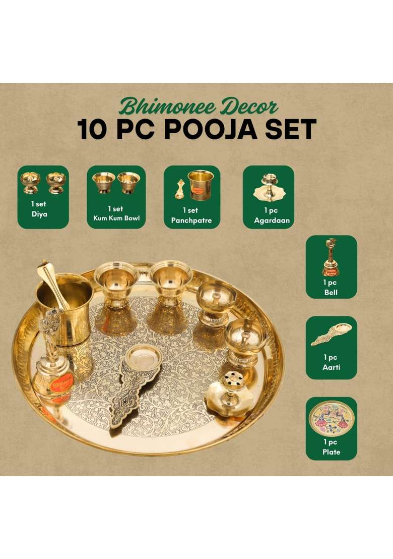 Bhimonee Decor Gold 11 Inch Engraved Brass Puja Thali Set 8 Pcs Designer Pooja Plate with Floral Carvings Diya - Indya