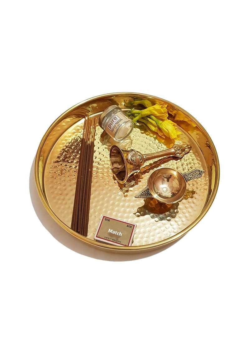 Pure Source India Brass Pooja Thali Set with Brass Bell and Camphor 10 Inch Gold - Indya