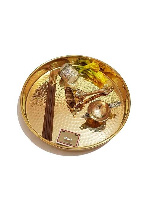 Pure Source India Brass Pooja Thali Set with Brass Bell and Camphor 10 Inch Gold