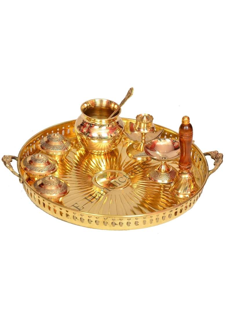 E Handicrafts Brass Pooja Thali Set Gold - Indya