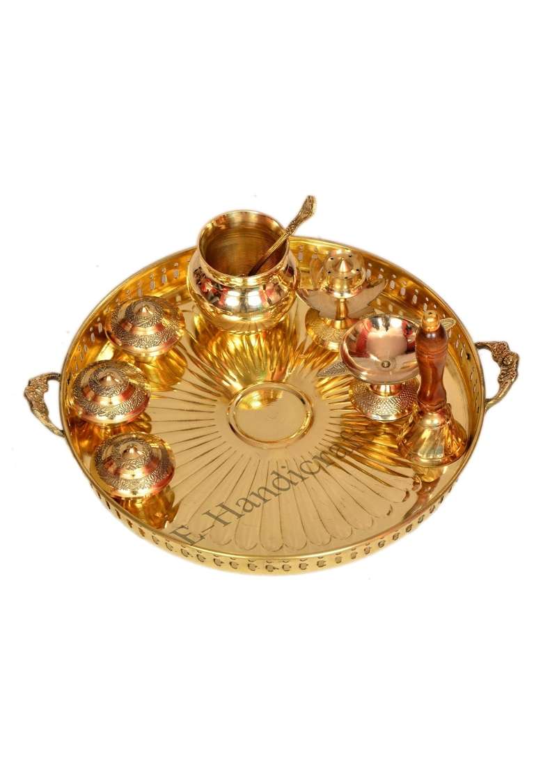 E Handicrafts Brass Pooja Thali Set Gold - Indya