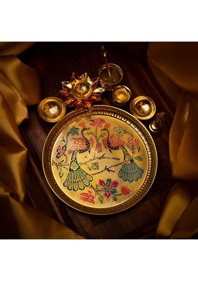 Rolimoli Gold Beautiful Navratri Special Pooja Thali Set 10 Inch Decorative Pooja Plate for Navratri - Indya