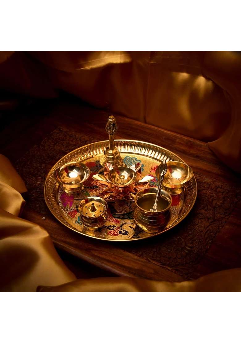Rolimoli Gold Beautiful Navratri Special Pooja Thali Set 10 Inch Decorative Pooja Plate for Navratri - Indya