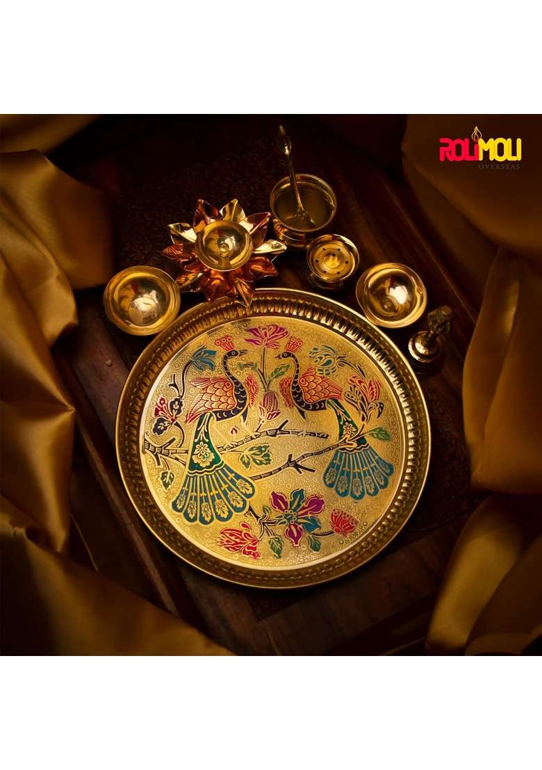 Rolimoli Gold Beautiful Navratri Special Pooja Thali Set 10 Inch Decorative Pooja Plate for Navratri - Indya