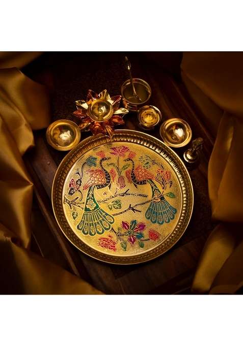 Rolimoli Gold Beautiful Navratri Special Pooja Thali Set 10 Inch Decorative Pooja Plate for Navratri