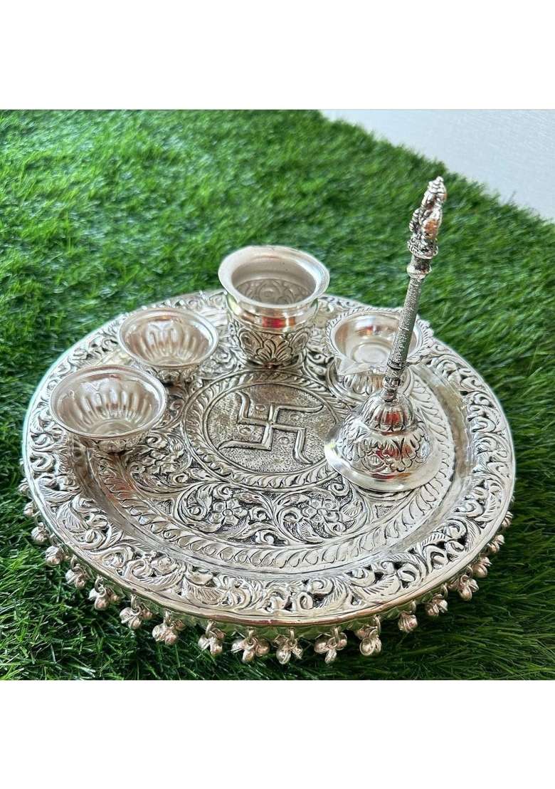 Silver Govind Art Pooja Thaali for Dewali Workship Gifting 10 Inch Set of 6 - Indya