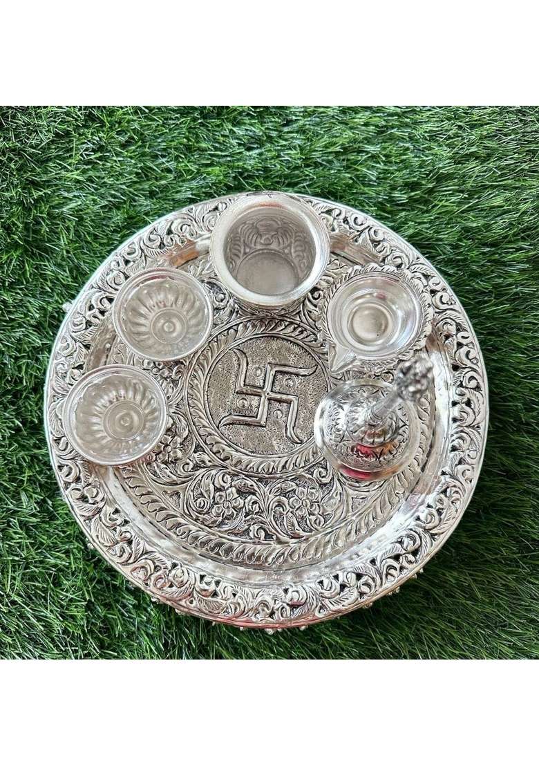Silver Govind Art Pooja Thaali for Dewali Workship Gifting 10 Inch Set of 6 - Indya