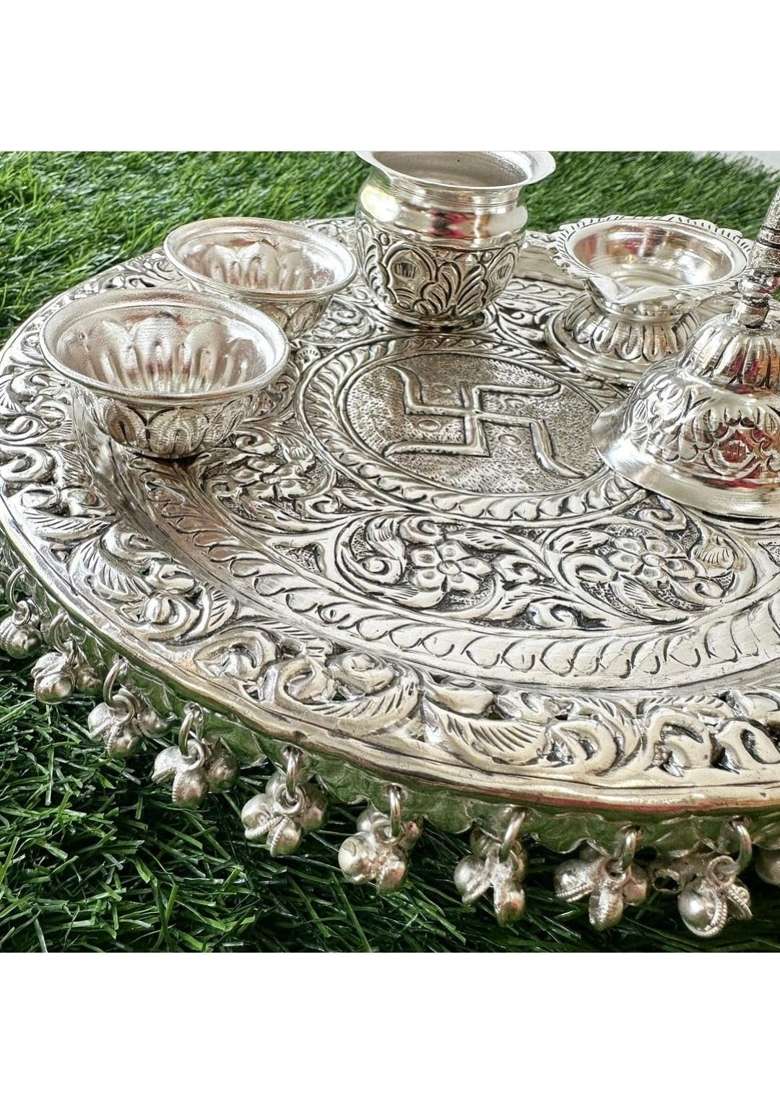 Silver Govind Art Pooja Thaali for Dewali Workship Gifting 10 Inch Set of 6 - Indya