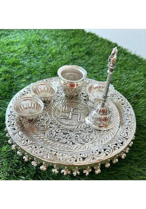 Silver Govind Art Pooja Thaali for Dewali Workship Gifting 10 Inch Set of 6