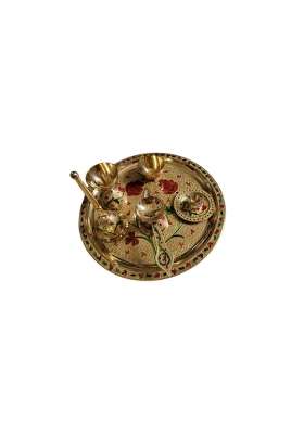 Shubh Sanket Vastu Golden Brass Pooja Thali Set with Diya and Puja Accessories