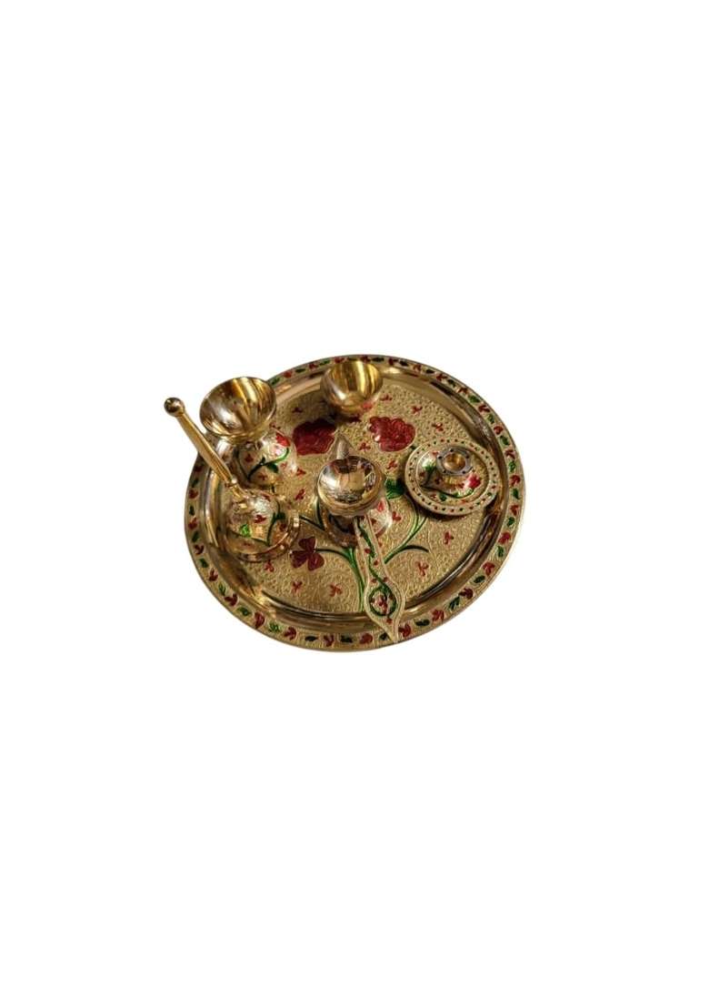 Shubh Sanket Vastu Golden Brass Pooja Thali Set with Diya and Puja Accessories - Indya