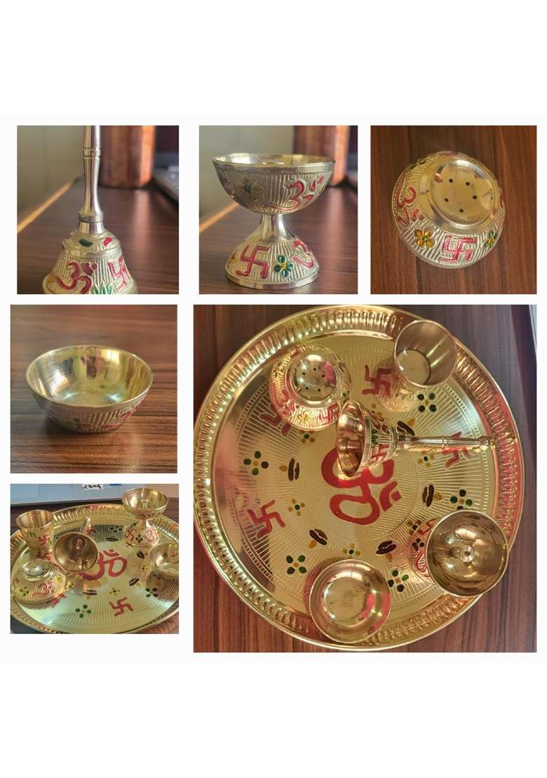Shubh Sanket Vastu Golden Brass Pooja Thali Set with Diya and Puja Accessories - Indya
