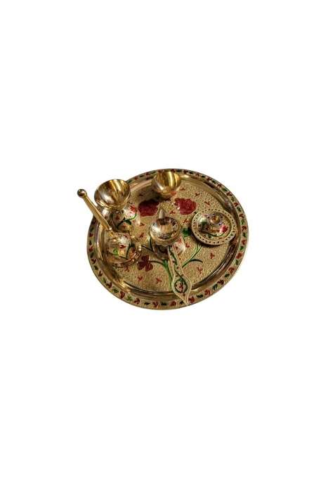 Shubh Sanket Vastu Golden Brass Pooja Thali Set with Diya and Puja Accessories