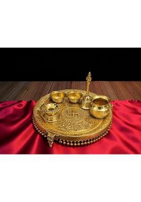 Golden Brass Pooja Thali Set 10 and Half Inch Traditional Aarti Thali with Diya Bell Bowls and Pooja Water Pot