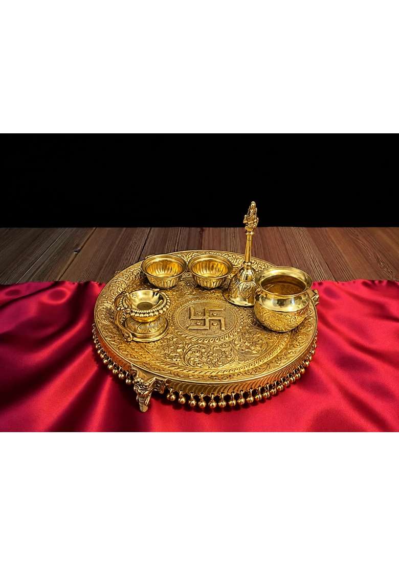 Golden Brass Pooja Thali Set 10 and Half Inch Traditional Aarti Thali with Diya Bell Bowls and Pooja Water Pot - Indya