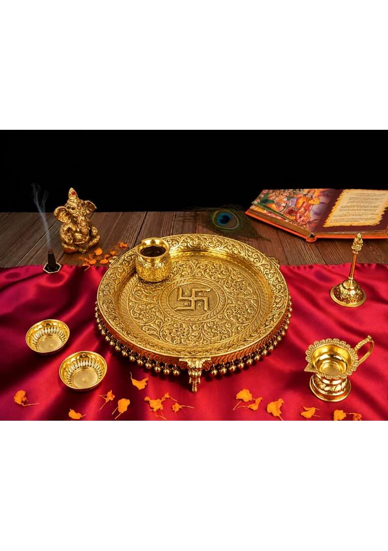 Golden Brass Pooja Thali Set 10 and Half Inch Traditional Aarti Thali with Diya Bell Bowls and Pooja Water Pot - Indya
