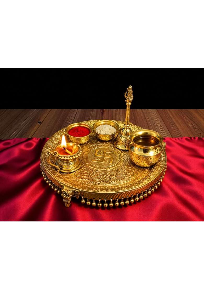 Golden Brass Pooja Thali Set 10 and Half Inch Traditional Aarti Thali with Diya Bell Bowls and Pooja Water Pot - Indya