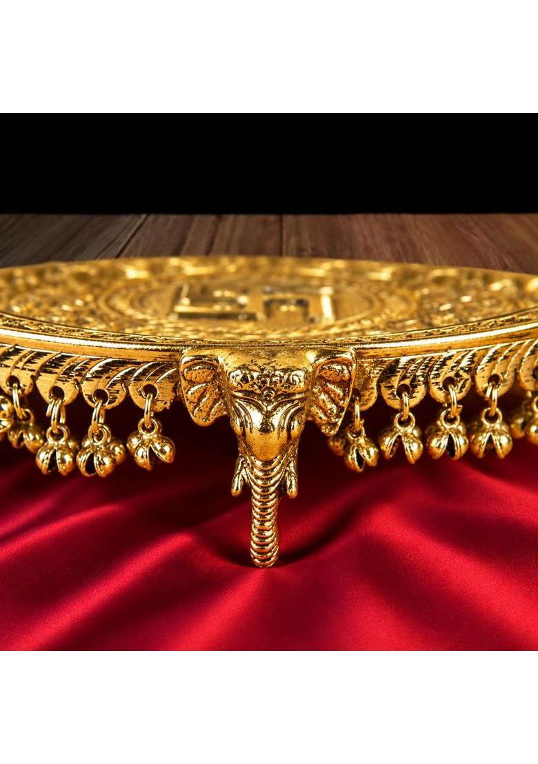 Golden Brass Pooja Thali Set 10 and Half Inch Traditional Aarti Thali with Diya Bell Bowls and Pooja Water Pot - Indya