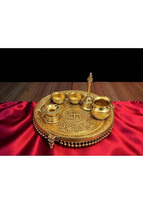 Golden Brass Pooja Thali Set 10 and Half Inch Traditional Aarti Thali with Diya Bell Bowls and Pooja Water Pot
