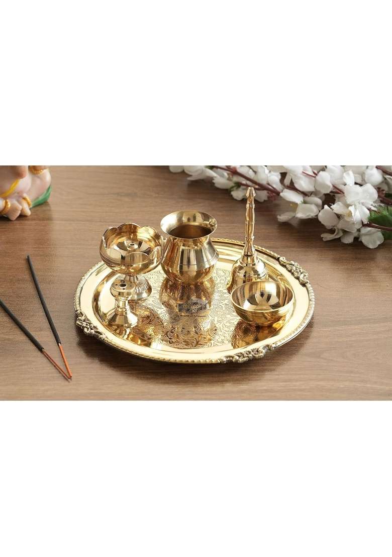 Indian ART Villa Gold Brass Embossed Puja Thali Set 8 Inch Traditional Brass Pooja Plate for Aarti - Indya