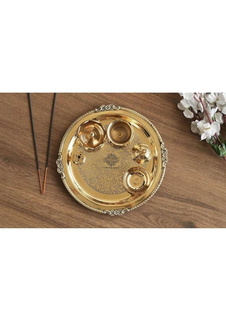 Indian ART Villa Gold Brass Embossed Puja Thali Set 8 Inch Traditional Brass Pooja Plate for Aarti - Indya