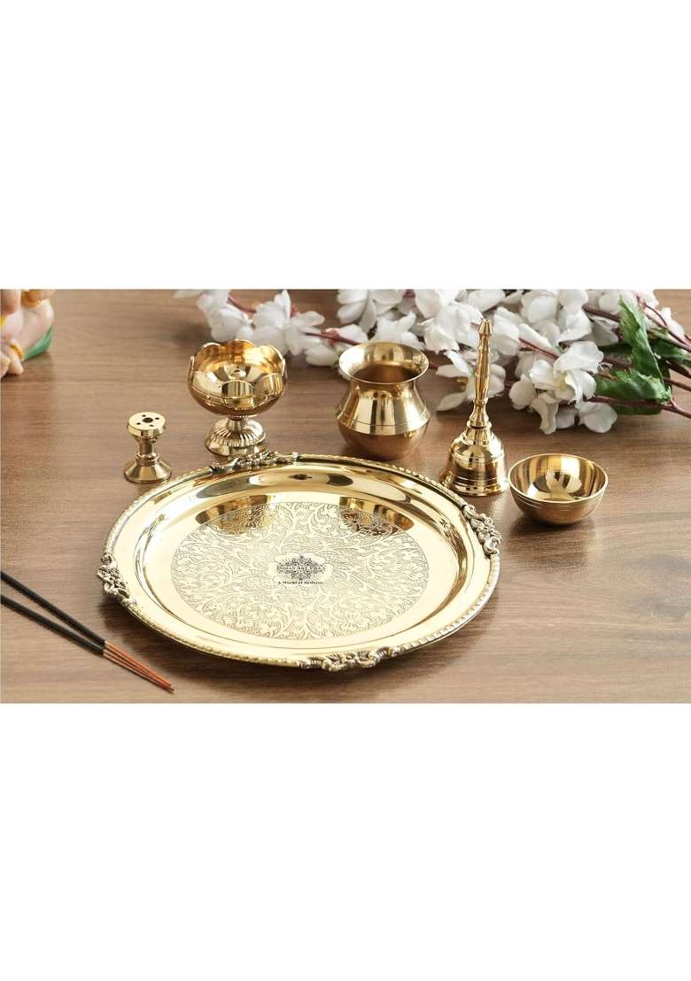 Indian ART Villa Gold Brass Embossed Puja Thali Set 8 Inch Traditional Brass Pooja Plate for Aarti - Indya