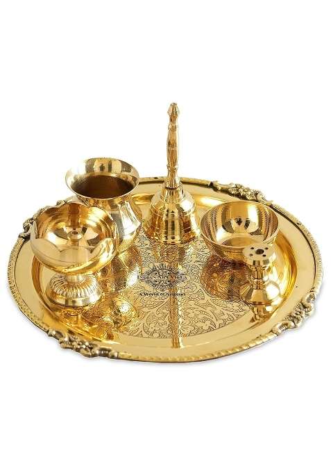 Indian ART Villa Gold Brass Embossed Puja Thali Set 8 Inch Traditional Brass Pooja Plate for Aarti