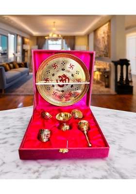 Pital Nagri Ecraft Gold Om and Swastika Design Brass Pooja Thali Set Puja Aarti Thali Set Pack of 6
