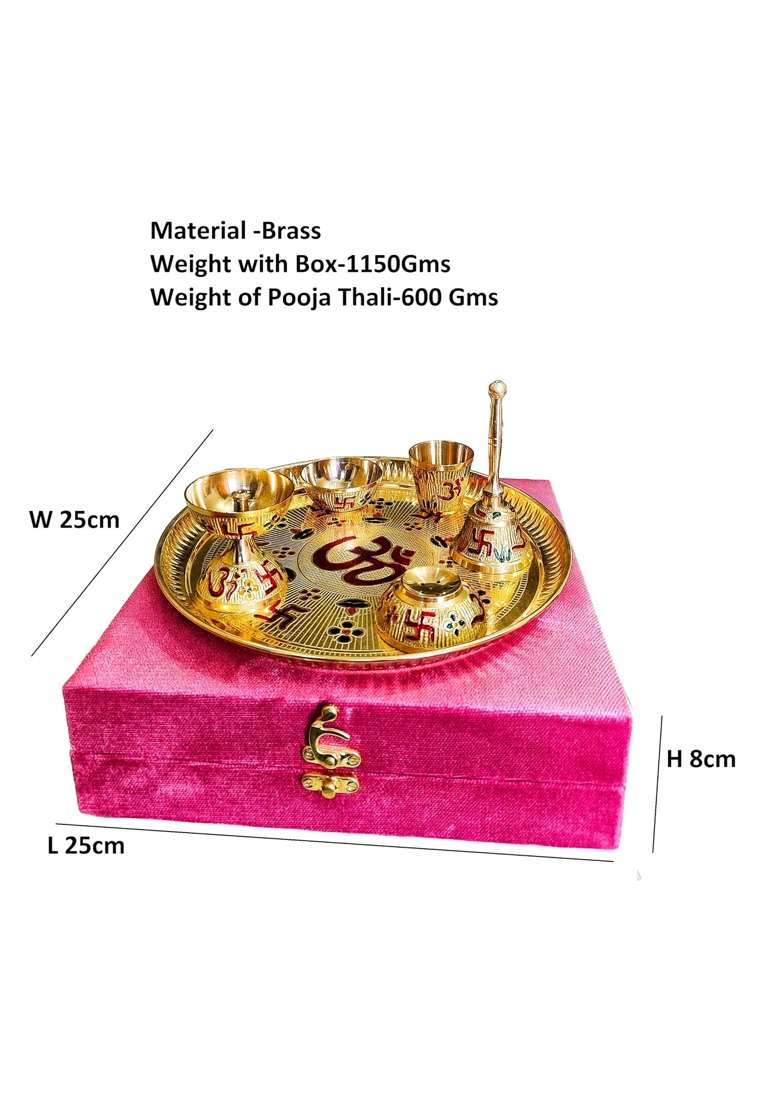 Pital Nagri Ecraft Gold Om and Swastika Design Brass Pooja Thali Set Puja Aarti Thali Set Pack of 6 - Indya