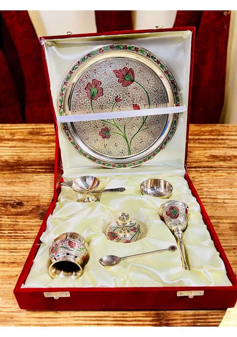 Grehshobha Pure Brass India Flower Colorful Decorative Brass Thali with Red Velvet Box - Indya