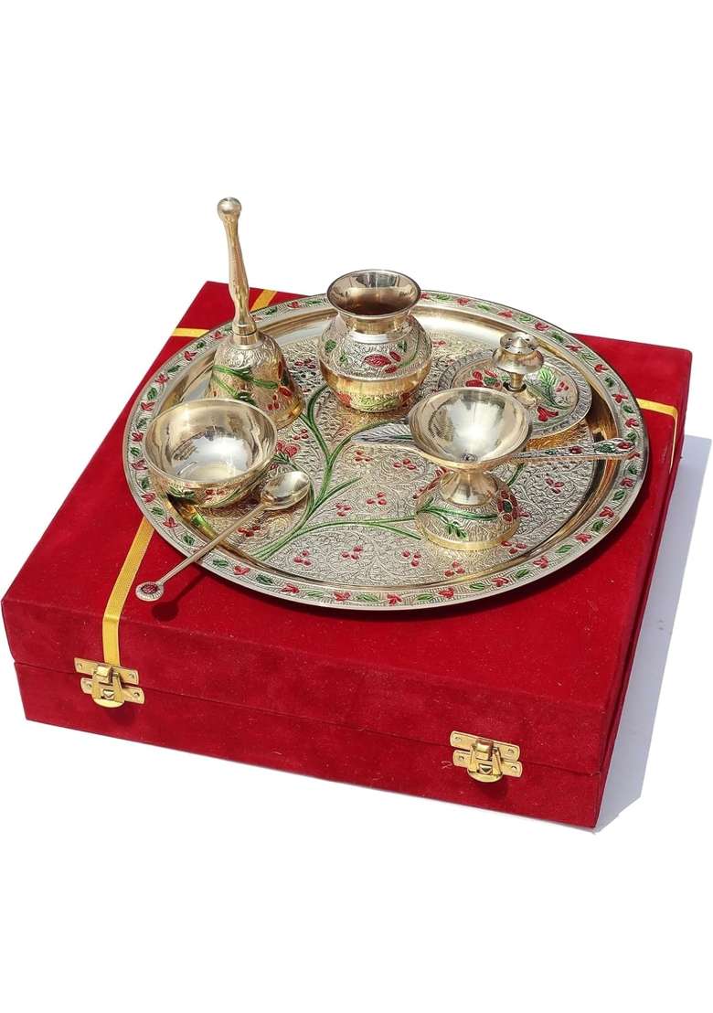 Grehshobha Pure Brass India Flower Colorful Decorative Brass Thali with Red Velvet Box - Indya