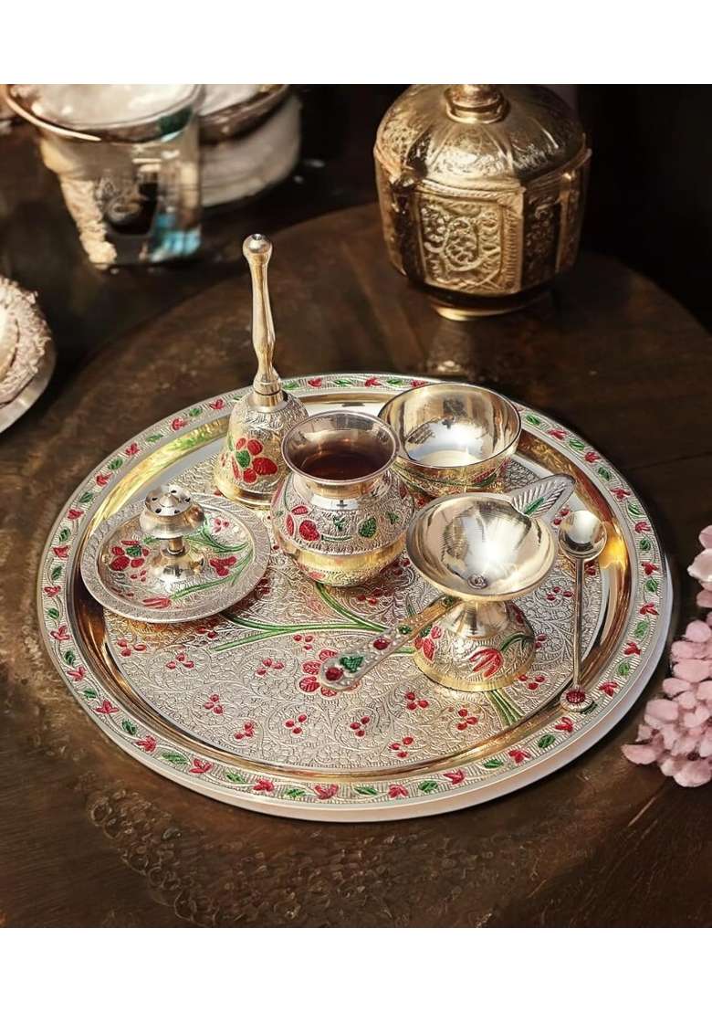 Grehshobha Pure Brass India Flower Colorful Decorative Brass Thali with Red Velvet Box - Indya