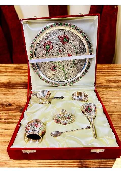 Grehshobha Pure Brass India Flower Colorful Decorative Brass Thali with Red Velvet Box