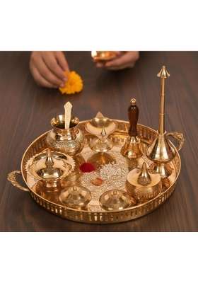 Gold RM Metals Traditional Brass Pooja Thali Set Engraved Design