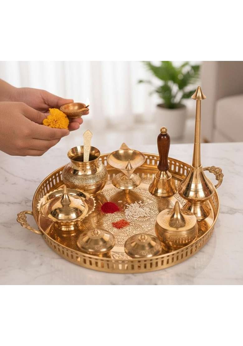 Gold RM Metals Traditional Brass Pooja Thali Set Engraved Design - Indya