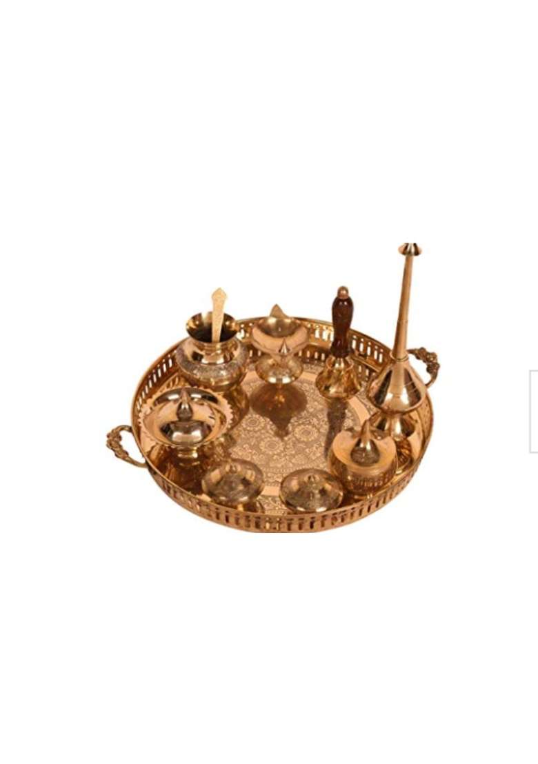 Gold RM Metals Traditional Brass Pooja Thali Set Engraved Design - Indya